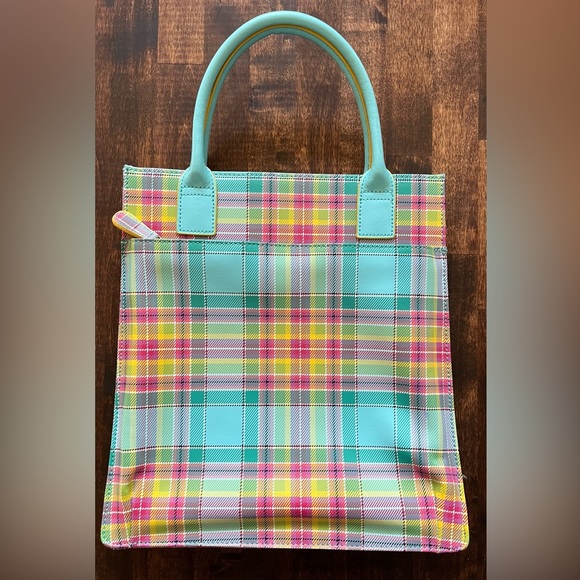 NWOT Gorgeous Baekaard Real Leather Teal/Pink/Yellow Plaid Square Purse - Picture 2 of 8